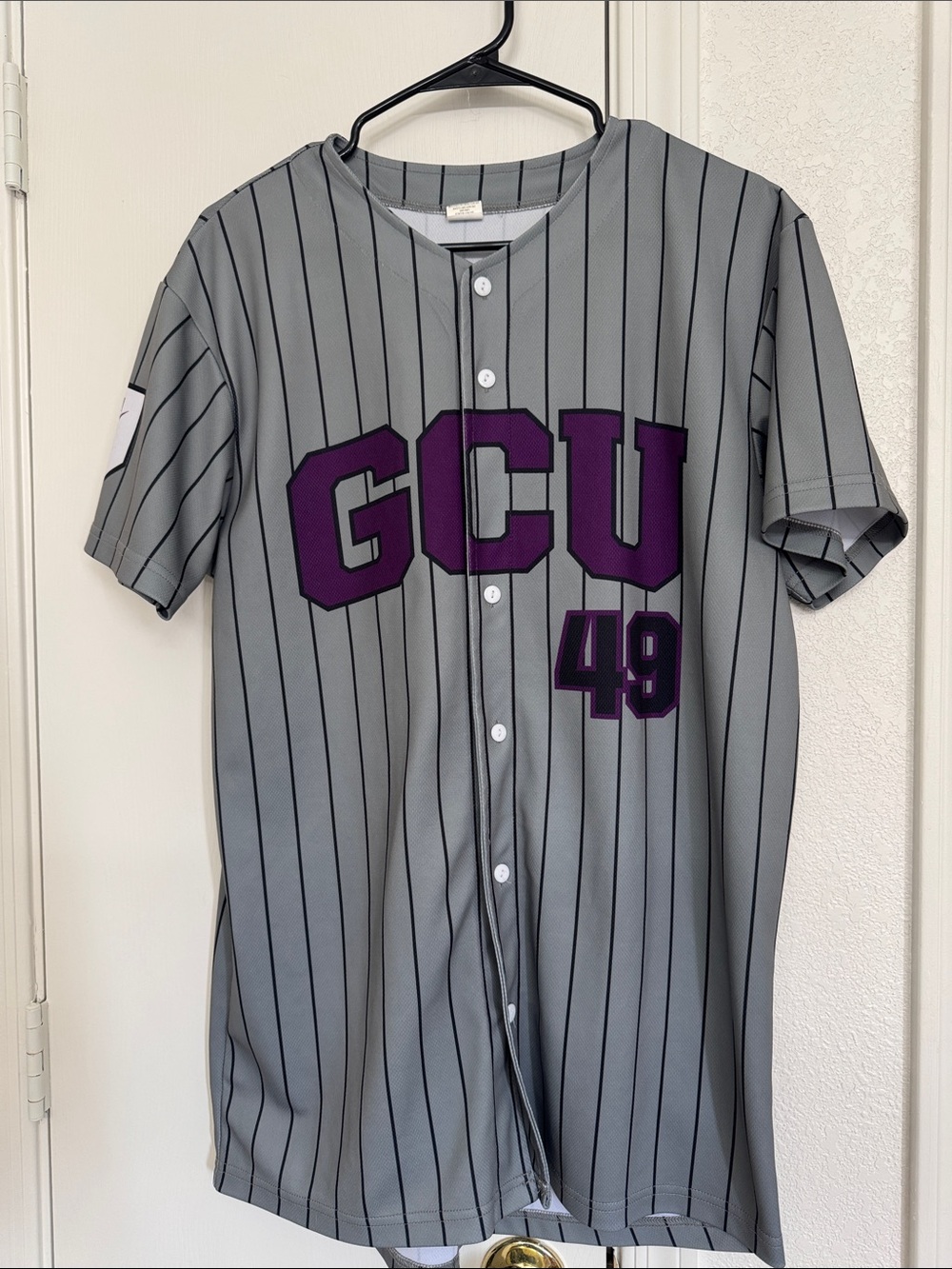GCU Gray Pinstripe‎ Baseball Jersey with Purple Appliqué